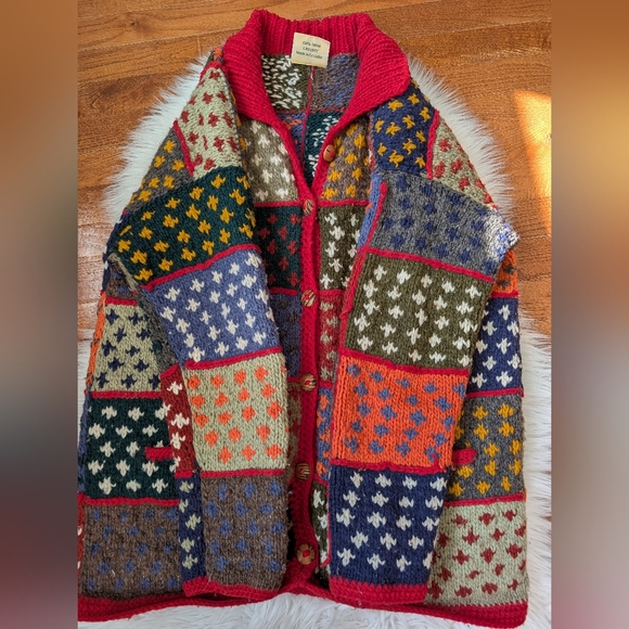 Las Americas Wool Patchwork Knit Cardigan Sweater Jacket Medium Large - Picture 13 of 14